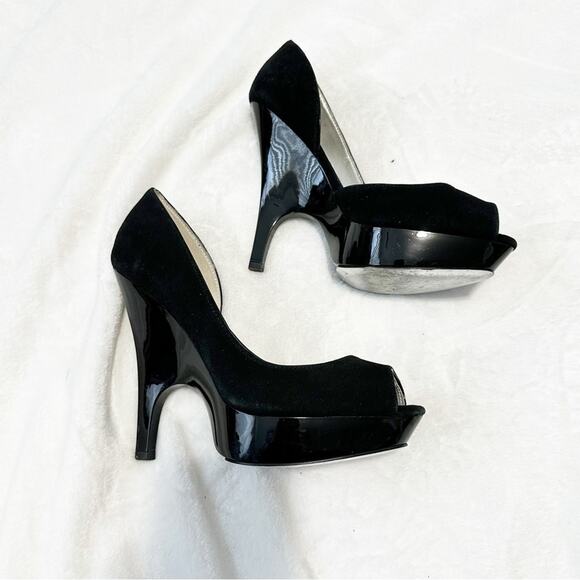 Bebe Women's Black Peep Toe Heels D’orsay suede leather size 8.5 pumps - Picture 2 of 11